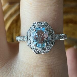 Natural Aquamarine White Diamond Sterling Silver Art Deco Ring Size 9.75